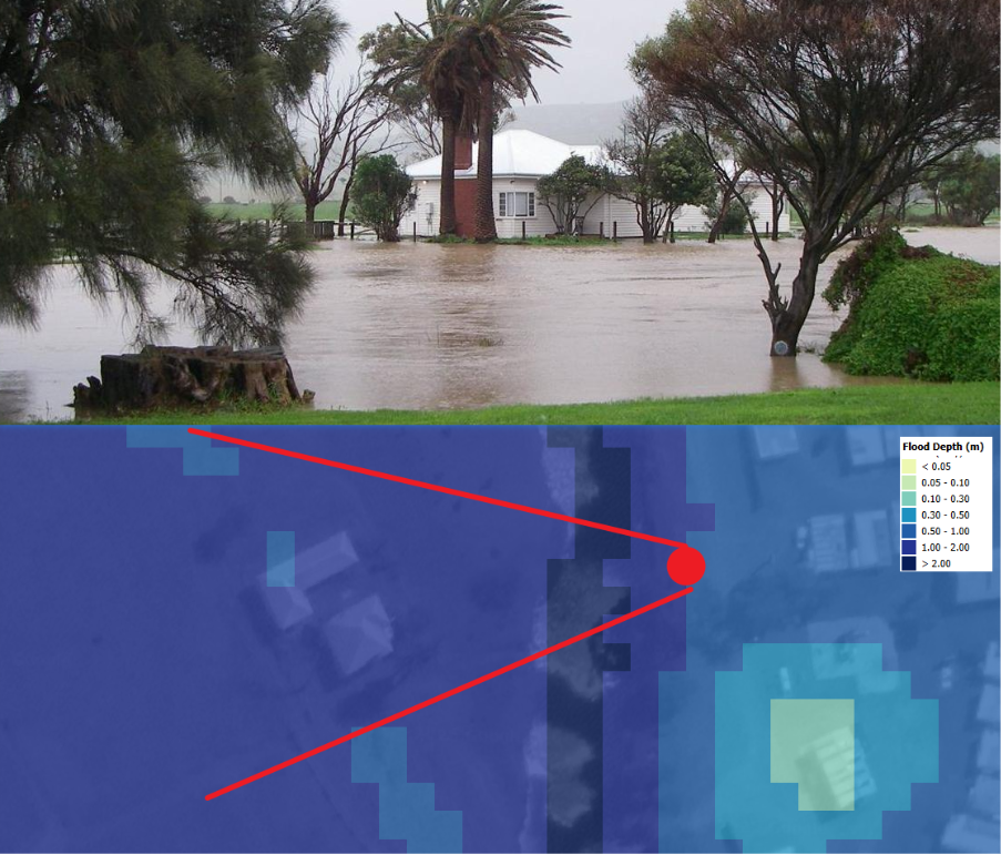 A photograph taken during a flood event in June 2012 (not in Goornong), beside a comparison of a rain-on-grid model.